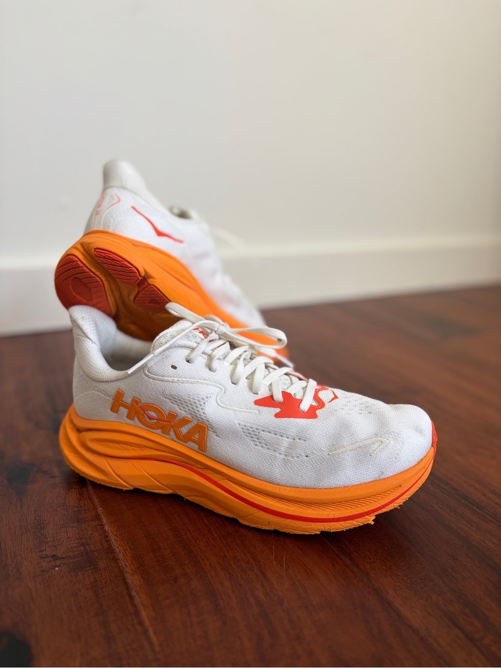 HOKA | Women’s | Clifton 10 Running Shoes | Frost + Orange Zest | Size 10
